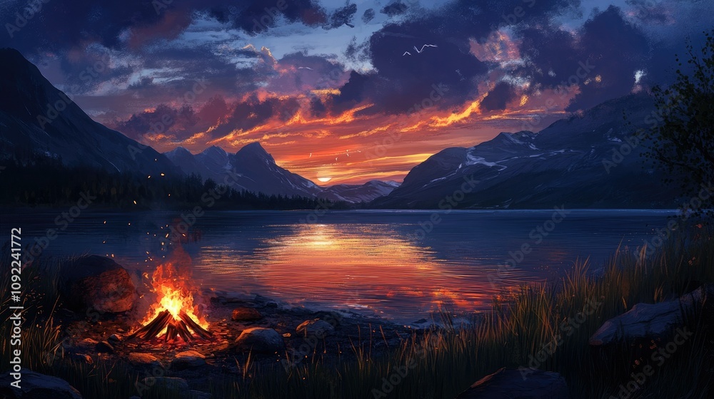 Wall mural Tranquil Evening Scene with Campfire by Lake Under Dramatic Sunset Sky, Mountains in Background, Nature at Dusk, Reflection on Water Surface