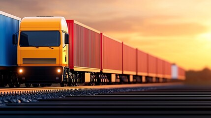 Fototapeta premium Multimodal Transport concept. A vibrant freight train with colorful containers travels along tracks at sunset, showcasing the beauty of transportation and logistics.
