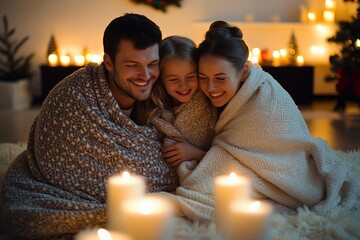 Family wrapped in blankets on the floor, singing carols together, warm candlelight