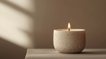 Candle on light background with space for text
