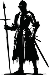 Fototapeta premium Black and white illustration of a medieval knight in full armor with a sword. Detailed armor and flowing cape create a dynamic, heroic look. Ideal for fantasy, historical, and chivalry themes. Vector 