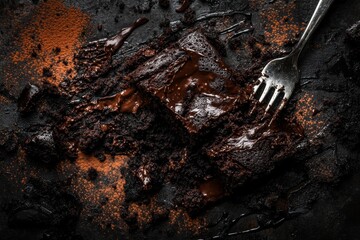 Fototapeta premium Decadent Dark Chocolate Brownie with Rich Ganache and Cocoa Powder Lying on Rustic Slate Surface Surrounded by Chocolate Crumbs and Fork