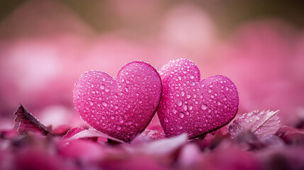 Obraz premium Two pink hearts surrounded by colorful petals with dew drops in a natural setting