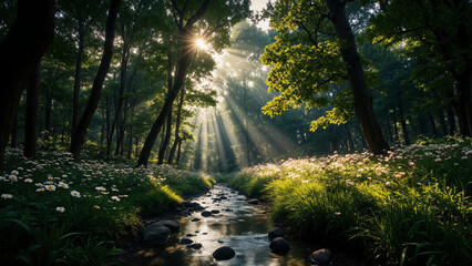 Obraz premium A serene forest scene with sunlight streaming through lush trees, illuminating a gentle stream lined with vibrant green grass and wildflowers.