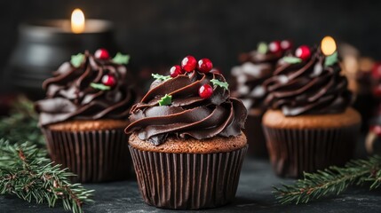 Chocolate cupcakes with red berries and candles in a warm Christmas setting, ideal for festive treats and gatherings.