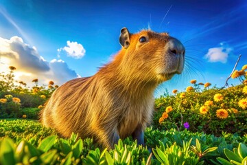Fototapeta premium Capybara in Blooming Landscape - Macro Photography of Capybara, Bushes, Green Meadow, Sunny Skies, Nature, Wildlife, Flora, Fauna, Animal