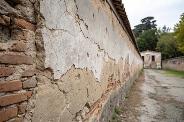 Fototapeta premium Old plaster wall featuring a prominent gray brown color and rough texture, stone like finish, peeling paint, rough surface, worn down areas