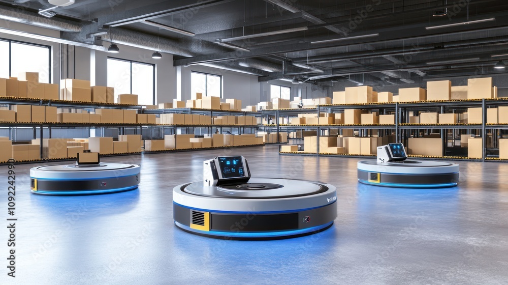 Aufkleber Automated Warehouse Robots Transporting Cardboard Boxes