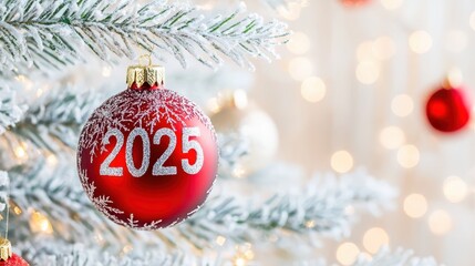 Red Christmas ornament reading "2025" hangs on a snowy branch with bokeh lights in the background, symbolizing the festive New Year.