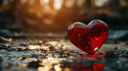 Fototapeta premium Heart shaped decoration resting on stones during sunset in a serene outdoor setting