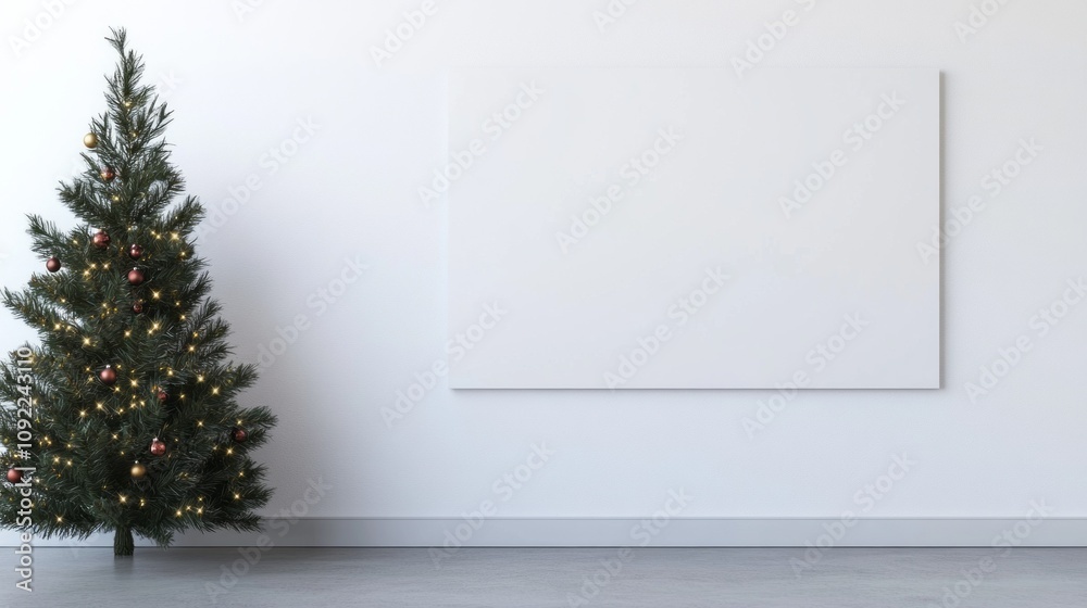 Poster a white wall with a large empty frame and a christmas tree in the corner