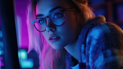 Shes a genius programmer. A young nerdy computer programmer looking through data, software or network interface. A female software developer coding and concentrating