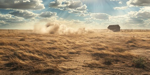 A rural landscape with dust and tumbleweeds rolling across the ground in strong, gusty winds.