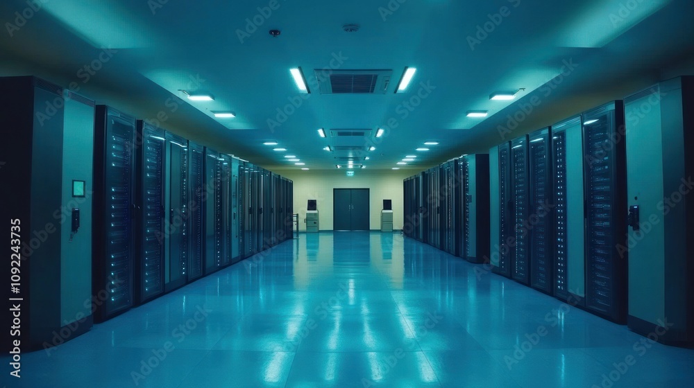 Poster Server Room Corridor Shows Rows Of Data Storage Units