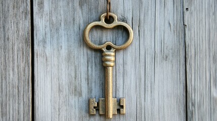 Vintage Decorative Key Hanging on Weathered Wooden Surface, Symbolizing Unlocking Potential, Secrets, and the Beauty of Antique Hardware