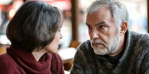 A serious couple having a difficult conversation at a cafÃ©, with concerned expressions.