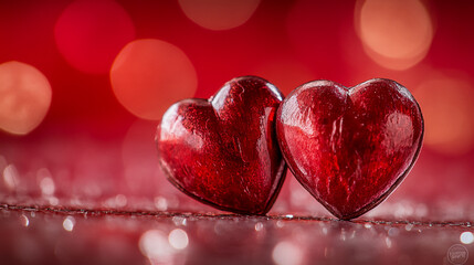 Fototapeta premium Two glossy red heart decorations on a sparkling background for romantic occasions