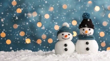 Fototapeta premium Snowmen wearing hats against a snowy backdrop.