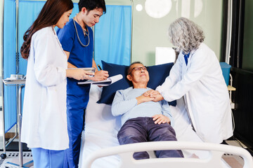 Fototapeta premium A female doctor examines an elderly man lying on a hospital bed, addressing chronic conditions like neurological disorders, coronary heart disease, bone disease,diabetes,disease,disease,hypertension