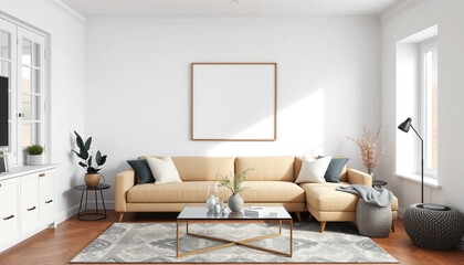 Fototapeta premium Modern Living Room with Cozy Sofa and Empty Blank Canvas Frame in The Wall, Art Design Inspiration Concept. 