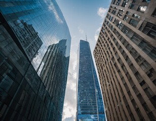 Fototapeta premium A low-angle view of three skyscrapers with reflective glass facades, capturing modern urban architecture against a blue sky with scattered clouds. Ai generated image.