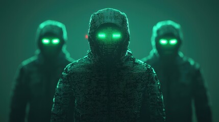 Cybersecurity threats hackers in digital shadows virtual environment high-tech imagery dark theme futuristic concept