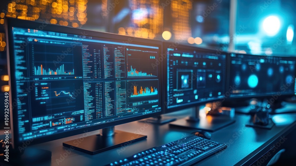 Leinwandbilder Multiple Monitors Displaying Data Graphs And Code