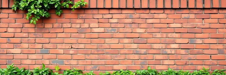 Obraz premium Red brick wall with rectangular bricks set against a backdrop of lush greenery, landscape, building