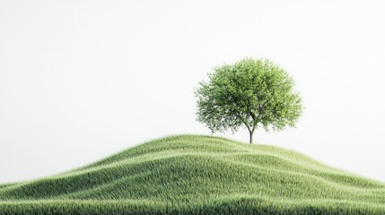 Fototapeta premium Serene Landscape Featuring a Lush Green Tree on a Rolling Hill with Soft Vibrant Grass Under a Bright Clear Sky Perfect for Tranquil Nature Themes