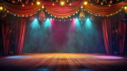 Colorful Stage with Bright Lights and Elegant Drapes Creating a Magical Atmosphere for Performances and Events in a Theater Setting