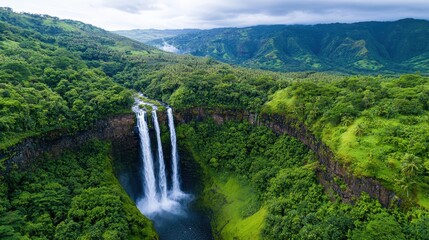 Majestic waterfall cascading down lush green mountains nature landscape aerial view serenity and beauty