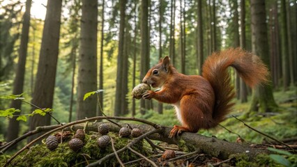 Obraz premium Red squirrel eating acorns from a small branch in the heart of a dense forest, food, woodland