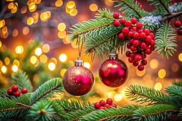 Elegant Christmas Ornaments with Pine Branches and Red Berries for Festive Holiday Decor