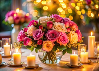 Obraz premium Elegant Table Setting with Pink Roses and Candles in Soft Golden Light for Romantic Occasions and Celebrations