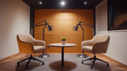 A modern recording studio layout with three ergonomic chairs, a small round table, and two microphones. Minimal decor highlights functionality and style.