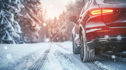 A red car is speeding down a snowy road thought winter forest. Sun setting in the background. Motion and speed concept.