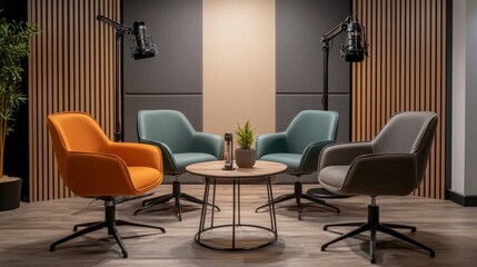 Bright and spacious recording studio with four chairs in muted colors, a small table with microphones, and a neutral backdrop designed for engaging conversations.