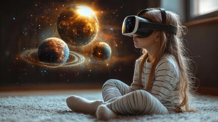 Young Girl Explores Virtual Space Planets Using VR Headset