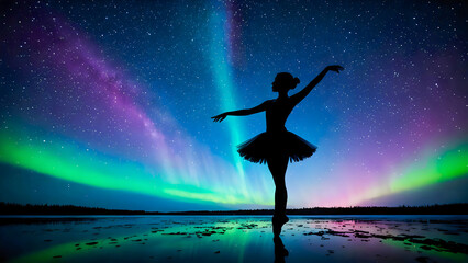 Naklejka premium Silhouette of female ballerina standing on ice lake with beautiful aurora and starry night sky in background