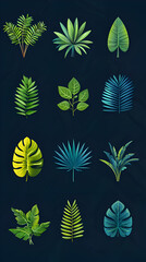 Naklejka premium Vibrant Botanical Illustration of Exotic Leaves and Foliage for Modern Home Decor