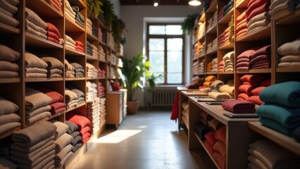 Fabric store. Many colorful fabrics lie on the shelf in the store.