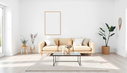 Modern Living Room with Cozy Sofa and Empty Blank Canvas Frame in The Wall, Art Design Inspiration Concept. 
