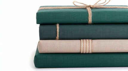 Three neatly stacked wrapped books with twine.