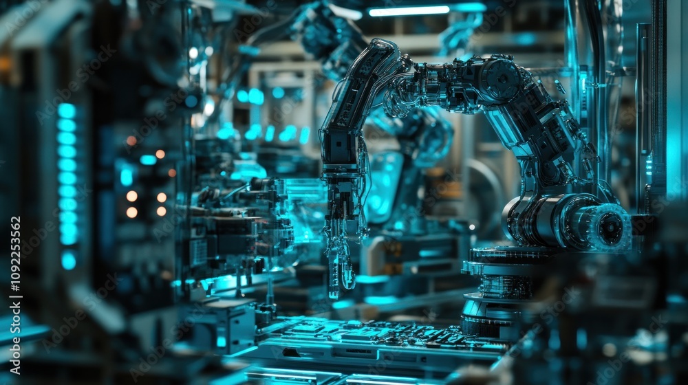 Poster Advanced Robotic Arm Assembling Circuit Boards In Factory