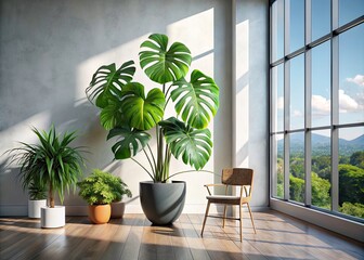 Fototapeta premium Modern Minimalist Interior with Potted Monstera Plant and Lush Tropical Foliage for Serene Ambiance