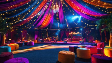 Vibrant and Colorful Tent with String Lights and Decorative Drapery for a Festive Event or Celebration