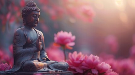 A statue of Buddha is sitting in front of a field of pink flowers. Concept of peace and tranquility, spiritual enlightenment and inner peace