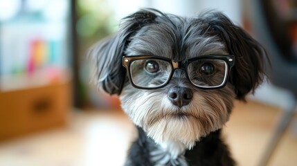 Dog with glasses looking charming and attentive, ready for a birthday celebration with a festive backdrop.