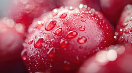 Macro close-up of vibrant red radishes glistening with water droplets, showcasing their fresh, dewy texture and rich color.