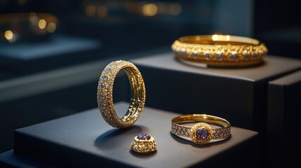 Yellow gold jewelry displayed on a dark surface under spotlight lighting.